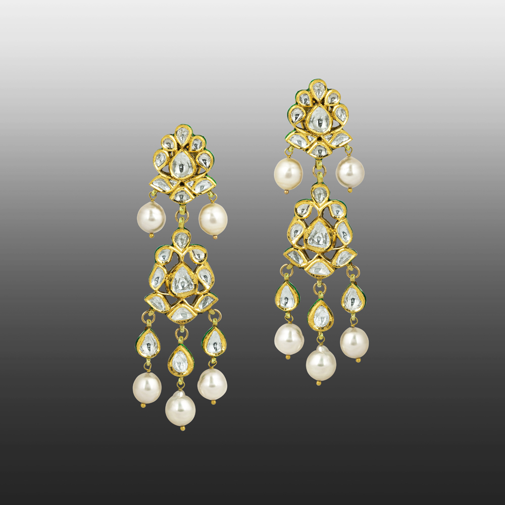 Gold Polki Earrings with Pearls and Cascading Layers